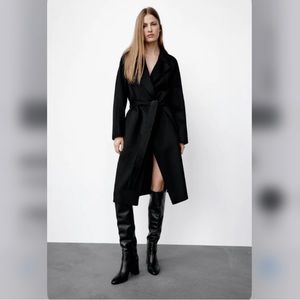Zara Black Belted Wool Blend Coat Special Edition Size Extra Large XL